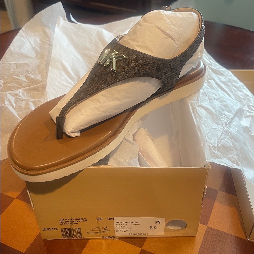 Michael Kors Jilly Flat Sandal - Brown Logo - Size 8
